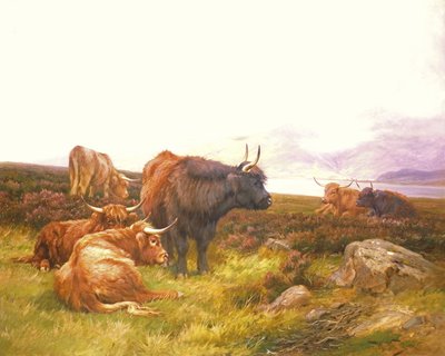 Highlanders por um lago de Wright Barker