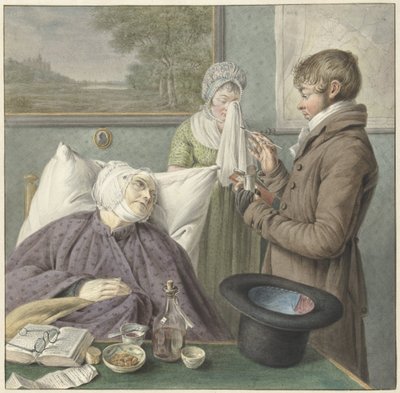 Médico visita uma mulher idosa doente na cama de Wybrand Hendriks (attributed to)