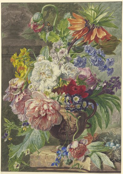 Natureza-morta com ramo de flores e ninho de pássaro de Wybrand Hendriks