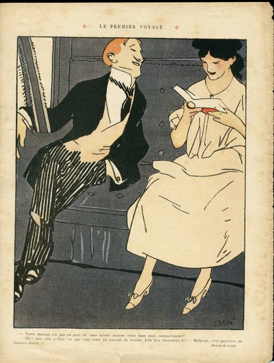 Ilustração de Xavier Gose (1876-1915) em Le Lire, 27/08/10 - A Primeira Viagem - Comboio Ferroviário, Moda Masculina, Adultere de Xavier Gose