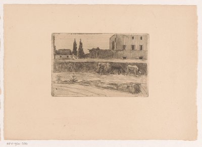 Paisagem com edifícios e uma figura a trabalhar de Xavier Mellery (attributed to)