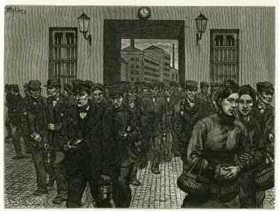 Uma saída de fábrica em Ghent. Gravura de X. Mellery, depois da natureza, para ilustrar a história "Bélgica", em 1888, de Camille Lemonnier (1844-1913), crítico de arte e escritor. Publicado no Tour du monde, 2º semestre de 1883, editado por Edouard Charto de Xavier Mellery