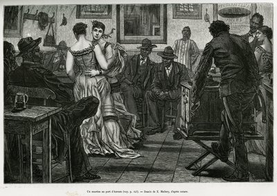 Um músico no porto de Antuérpia, onde os marinheiros podem beber e dançar ao som do órgão de picaretas. Gravura de X.Mellery, para ilustrar a história da Bélgica, de Camille Lemonnier, publicada no Tour du monde, editado por Edouard Charton (1807-1890) de Xavier Mellery