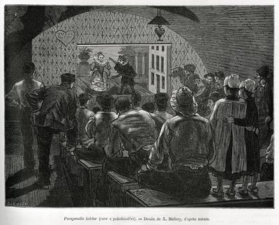Adega a Polichinelles, uma adega concebida para espectáculos de marionetas. Gravura de X.Mellery, para ilustrar a história da Bélgica, de Camille Lemonnier, publicada no Tour du monde, editado por Edouard Charton (1807-1890) de Xavier Mellery