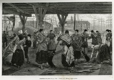Dessalinização das peles, por mulheres raspando os restos dos animais estirados sob as estruturas dos corredores do porto de Antuérpia. Gravura de X.Mellery, para ilustrar a história da Bélgica, de Camille Lemonnier, publicada no Tour du monde, edite de Xavier Mellery