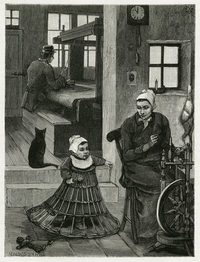 Interior da habitação e oficina do tecelão, com o tecelão e a roda, assim como uma criança com uma saia de vime que o ajuda a dar os primeiros passos. Gravura de X.Mellery, para ilustrar a história "La Belgique", de Camille Lemonnier (1844-19 de Xavier Mellery