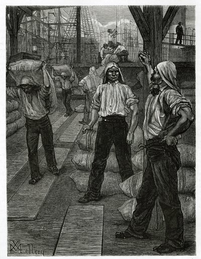 A descarga de um navio, os estivadores com a cabeça coberta com uma tampa de alcatrão, empilham a mercadoria nas docas do porto de Antuérpia. Gravura de X.Mellery, para ilustrar a história da Bélgica, de Camille Lemonnier, publicada no Tour du monde, edita de Xavier Mellery