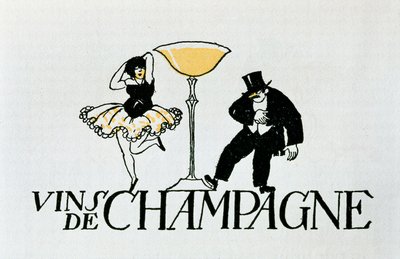 Vinheta publicitária para vinhos Champagne representando um casal a dançar à volta de uma chávena, século XX (cartaz) de Xavier Nogues