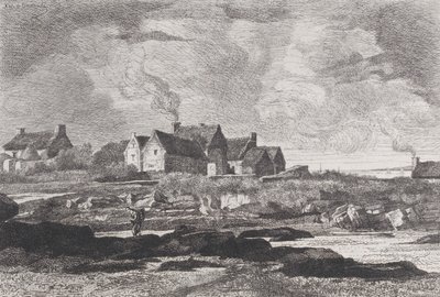 Paisagem rural com um rio à direita e casas ao fundo, 1845-75. de Xavier de Dananche