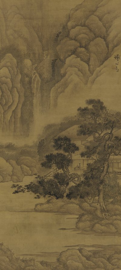 Leitura em uma cabana de colmo, dinastia Ming (tinta cor de seda) de Xie Shichen