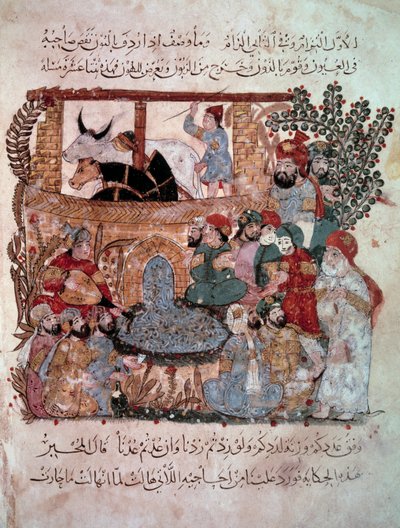 O navegador errante Abu-Zayd (Abu Zayd, Abu Zayd) em frente aos seus ouvintes em miniatura do "Maqamat" (Seances) de Abu Mohammed al-Kasim ibn Ali Hariri (ou Al-Hariri ou Al Hariri) (1054-1122) alistado por Yahya Mahmud al-Wasiti (al-Wasiti) em 1237, de Yahya ibn Mahmud Al Wasiti