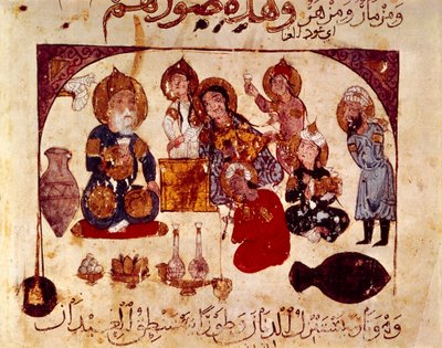 Abou-Zayd na taberna Hanah, miniatura de "Maqamat" (Dizeres), ms. 3929, fol. 34v de Yahya ibn Mahmud Al Wasiti