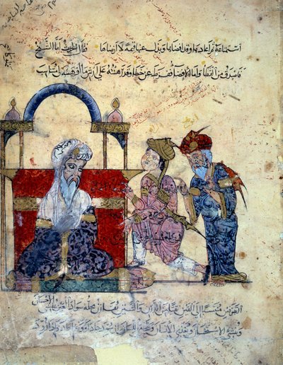 O navegador vagabundo Abu-Zayd (Abu Zayd, Abu Zayd) e sua irmã se acusam na frente de um cadi miniatura do "Maqamat" (Seances) de Abu Mohammed al-Kasim ibn Ali Hariri (ou Al-Hariri ou Al Hariri) (1054-1122) alistado por Yahya Mahmud al-Was de Yahya ibn Mahmud Al Wasiti