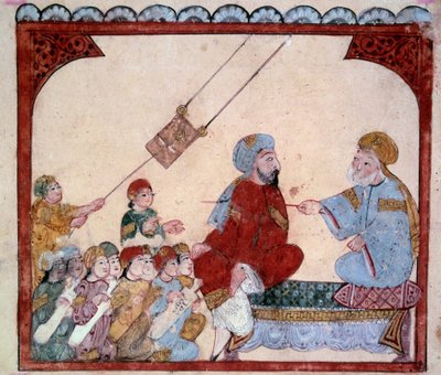 O navegador errante Abu-Zayd (Abu Zayd, Abu Zayd) Professor em miniatura do "Maqamat" (Seances) de Abu Mohammed al-Kasim ibn Ali Hariri (ou Al-Hariri ou Al Hariri) (1054-1122) alistado por Yahya Mahmud al-Wasiti (al-Wasiti) em 1237, Paris, Paris, B de Yahya ibn Mahmud Al Wasiti