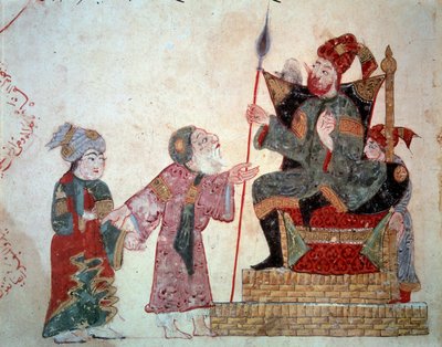O navegador errante Abu-Zayd (Abu Zayd, Abu Zayd) e seu filho antes do governador Miniature tirado do "Maqamat" (Seances) por Abu Mohammed al-Kasim ibn Ali Hariri (ou Al-Hariri ou Al Hariri) (1054-1122) alistado por Yahya Mahmud al-Wasiti (al-Wasiti) i de Yahya ibn Mahmud Al Wasiti