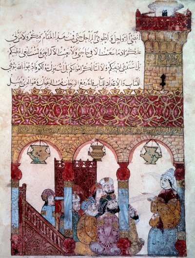 O navegador errante Abu-Zayd (Abu Zayd, Abu Zayd) na Mesquita de Basra (Basra) Miniatura do "Maqamat" (Seances) de Abu Mohammed al-Kasim ibn Ali Hariri (ou Al-Hariri ou Al Hariri) (1054-1122) alistado por Yahya Mahmud al-Wasd al-Wasod ITi (al W de Yahya ibn Mahmud Al Wasiti