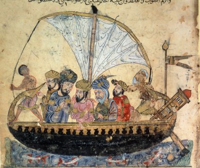 o burguês al-Harith (Al Harith), filho de Hammam, e o navegador errante Abu-Zayd (Abu Zayd) num barco que navega na Miniatura do Eufrates desde o "Maqamat" (Seances) de Abu Mohammed al-Kasim ibn Ali Hariri (ou Al-Hariri ou Al Hariri) (1054-1122) por de Yahya ibn Mahmud Al Wasiti