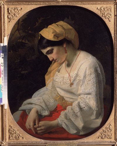 Uma jovem noiva (A Bride). Retrato de perfil de uma jovem triste com uma expressão resignada. Pintura de Yakov Fyodorovich Kapkov (1816-1854), óleo sobre tela de Yakov Fyodorovich Kapkov