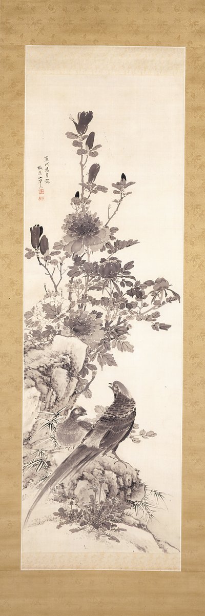 Peonies And Golden Pheasants (tinta sobre seda) de Yamamoto Baiitsu