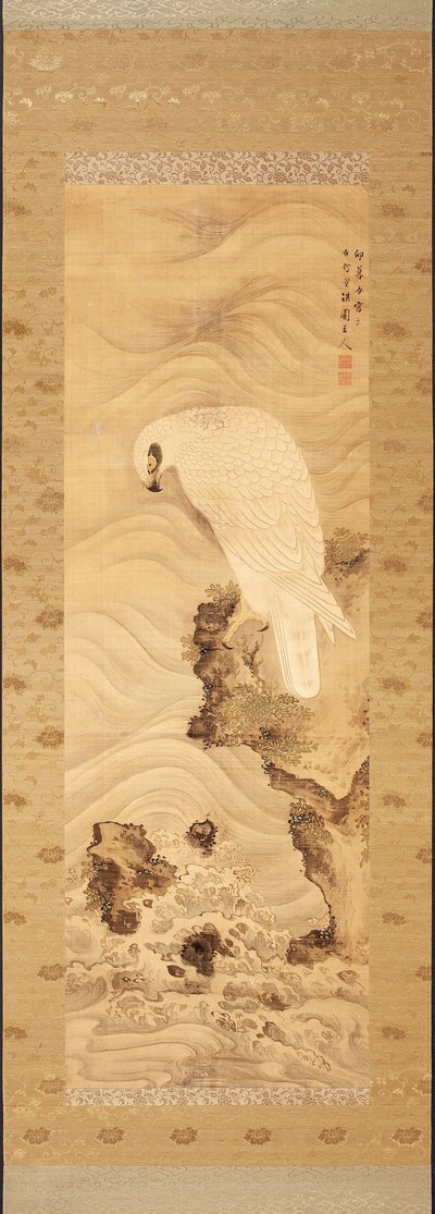 Yanagisawa Kien. Águia marinha em uma rocha com ondas de Yanagisawa Kien
