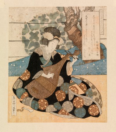Senhora a tocar um instrumento, c.1804-40 (xilogravura a cores) de Yashima Gakutei