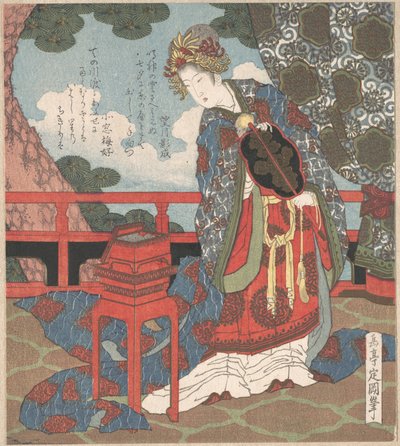 Dama com leque de pé numa varanda de Yashima Gakutei