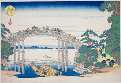 A ponte de pedra sobre o rio Aji perto de Nii Hill, Osaka (Osaka Ajigawa Niiyama ishibashi), da série "Lugares famosos em Osaka: belas vistas do Monte Tenpo (Naniwa meisho Tenpozan shokei ichiran)" de Yashima Gakutei