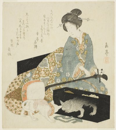 Mulher com Shamisen e gato de Yashima Gakutei