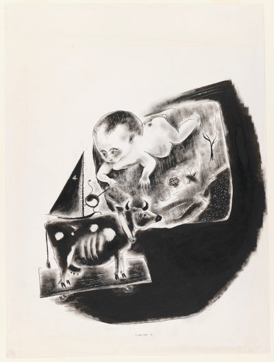 Bebé e vaca de brincar de Yasuo Kuniyoshi
