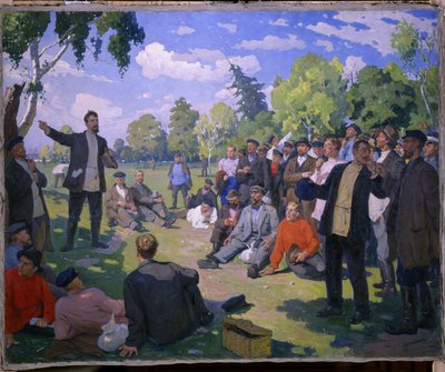 Dia do Trabalhador no 1º em 1891 (Dia de Maio em 1891). Dia de descanso e reunião dos trabalhadores num parque ensolarado. Pintura de Yefim Mikhailovich Cheptsov (1875-1950), óleo sobre tela 1935. Arte soviética do século XX. Museu Estatal Russo, Saint de Yefim Mikhailovich Tcheptsov