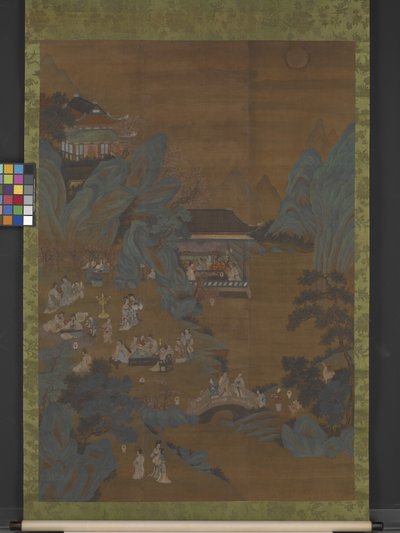 Banquete da Noite no Jardim do Pêssego e Ameixa (tinta, cor, ouro sobre seda) de Ying Qiu