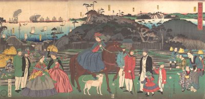 Estrangeiros visitando o famoso local do Monte Gongen em Kanagawa, 2º mês, 1861. de Yoshikazu