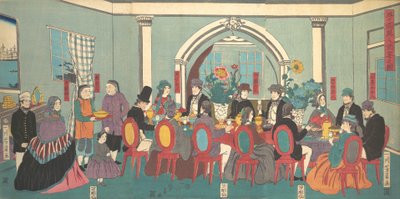 Estrangeiros das Cinco Nações Desfrutando de um Banquete, 3º mês, 1861. de Yoshikazu