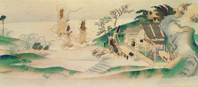 Amitayus Buddha e dois Bodhisattvas visitando o monge Honen (b.1132), ilustração publicada na revista Tokka em março de 1902 de Yoshimitsu Tosa
