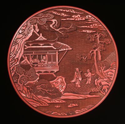 Caixa de Cinábrio Circular Esculpida e Tampa (madeira lacada) (ver também 272180 e 272181) de Yuan Dynasty Chinese School