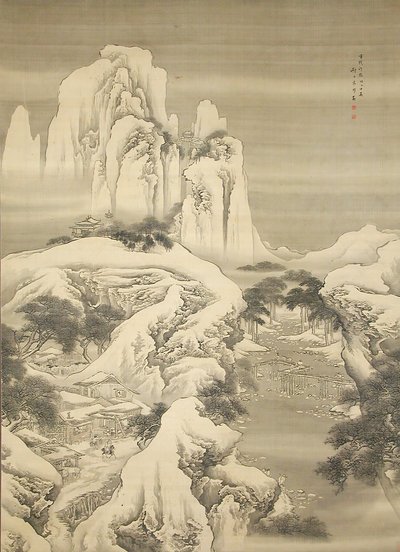 Pousada e Viajantes em Snowy Mountains, datada de 1745. de Yuan Yao