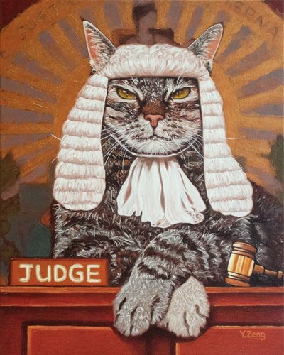 Juiz gato, 2023 (técnica mista sobre tábua de madeira) de Yue Zeng