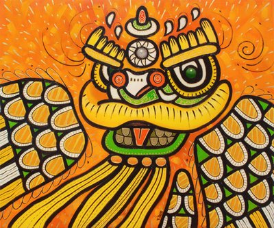Dança do leão amarelo, 2023 (óleo sobre tela) de Yue Zeng
