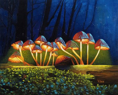 Cogumelos brilhantes à luz da noite, 2023 (óleo sobre tela) de Yue Zeng