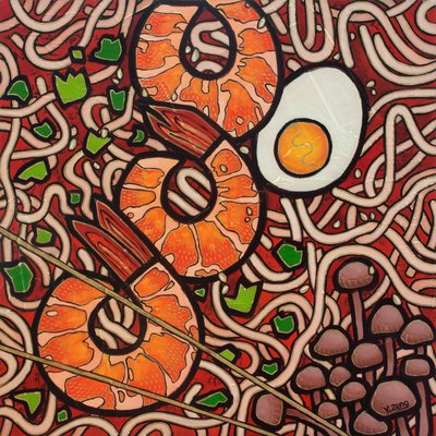 Ramen noodle Shrimp, 2023 (técnica mista sobre tábua de madeira) de Yue Zeng
