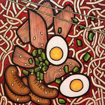 Ramen noodle chicken, 2023 (técnica mista sobre tábua de madeira) de Yue Zeng