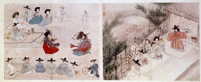 Art coreen: cena de combate das mulheres na vida quotidiana. Impressões de Sin Yun Bok (ou Hyewon fez em 1758). Século XVIII ou XIX. Colecção Hyung Pil Chun de Yun bok Sin