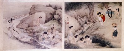 Arte coreen: mulheres a lavar a roupa e a vestir-se, e mulheres a fazer as suas casas de banho e a divertirem-se. Estampas de Sin Yun Bok (ou Hyewon) (b. 1758). Colecção Hyung Pil Chun de Yun bok Sin