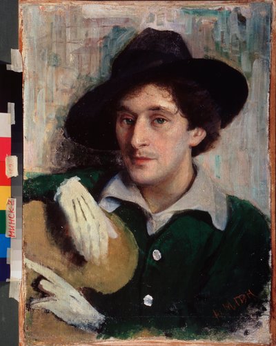 Retrato do artista Marc Chagall (1887-1985). (com um chapéu preto e luvas brancas, ele segura sua paleta com indiferença). Pintura de Yuri (Yehuda) Moiseyevich Pen (1854-1937), óleo sobre tela, por volta de 1910. Arte russa, século XX. Museu Nacional de Ar de Yuri Moiseyevich Pen