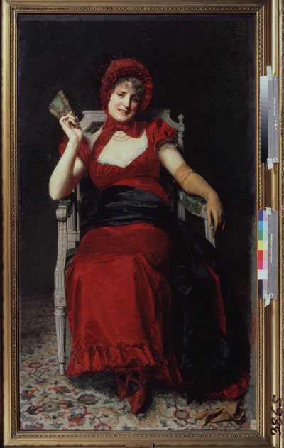 Senhora com um vestido Directoire. Usando uma luva e segurando um ventilador, o vestido é de cor vermelha e combina com a sua touca de fita e sapatos. Pintura de Yuri Jacovlevich Lehman (Yuri Leman) (1834-1901), óleo sobre tela de Yury Jacovlevich Lehman
