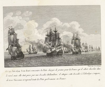 Jan Bart herovert graanschepen op een Hollands eskader, 1694
Em 29 de Junho de 1694 Jean-Bart conheceu o Flote carregado de cereais para França (...) e levou de volta todo o Flote que trouxe para França (título sobre o objecto)
Recueil des combats de Jea de Yves Marie Le Gouaz