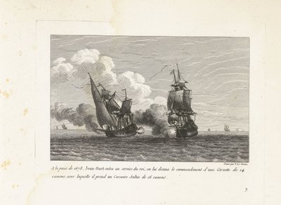 Jan Bart em dienst van de koning van Frankrijk, 1678
Na paz de 1678, Jean-Bart entrou ao serviço do rei e recebeu o comando de uma corveta de 14 armas, com a qual levou um corsário de 16 armas Saltin (título sobre o objecto)
Compêndio de combates de Yves Marie Le Gouaz