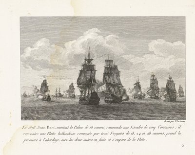 Jan Bart valt met zijn eskader een Hollandse vloot aan, 1676
Em 1676, Jean Bart, montado na Palma de 18 armas, comandou um esquadrão de cinco corsários (...) (título sobre o objecto)
Recueil des combats de Jean-Bart, chef d