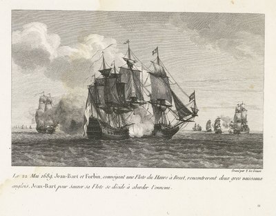 Jan Bart valt twee Engelse schepen aan, 1689
Em 22 de Maio de 1689, Jean-Bart e Forbin, transportando um Flote do Havre para Brest, encontraram-se com dois grandes navios ingleses, Jean-Bart para salvar o seu Flote decidiu embarcar no inimigo (título sobr de Yves Marie Le Gouaz