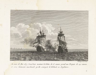 Jan Bart verovert een Hollands fregat, 1677
Em Maio de 1677, Jean-Bart montou a Palma de 18 tiros e levou uma fragata de 24 tiros e dezasseis navios mercantes da Holanda para Inglaterra (título sobre o objecto)
Recueil des combats de Jea de Yves Marie Le Gouaz
